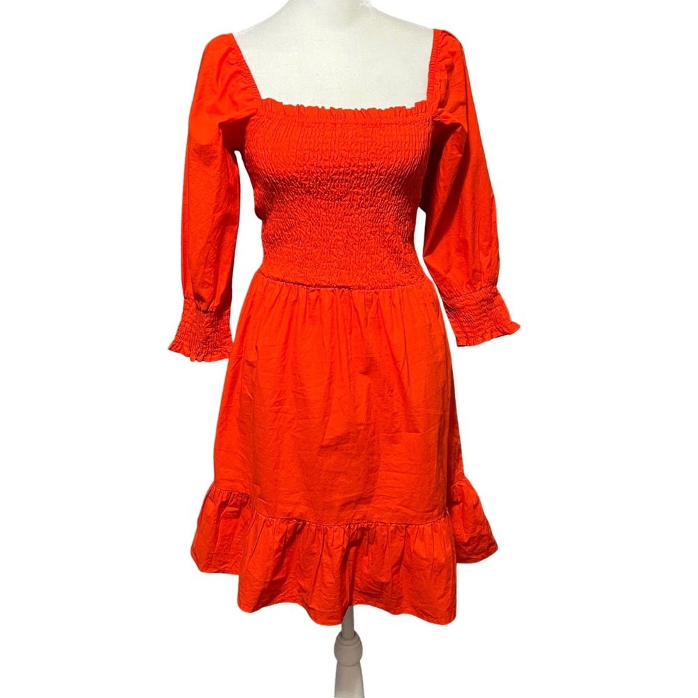 Sim‎ & Sam Anthropologie Orange Dress Smocked Bodice Ruffle Hem 3/4 Sleeve Small
